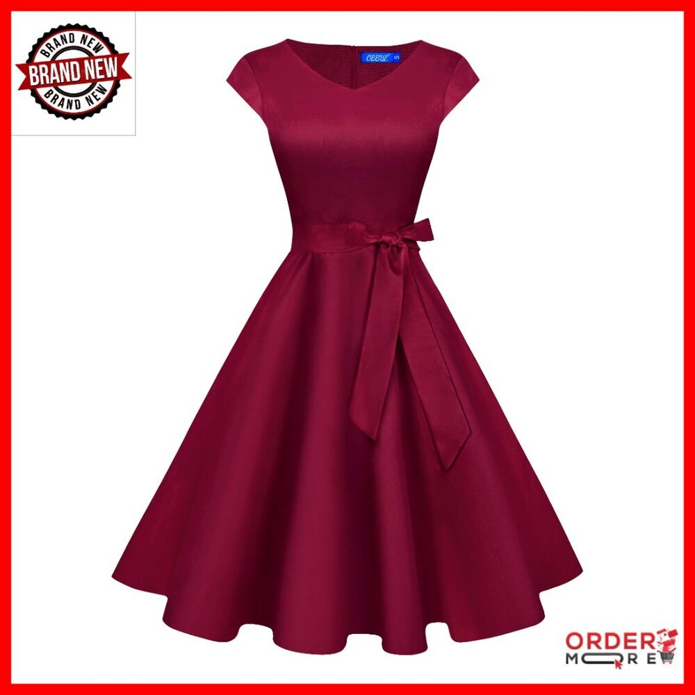 Vintage V-Neck Cocktail Dress with Pockets, Short Sleeves, Detachable Belt - Picture 1 of 6